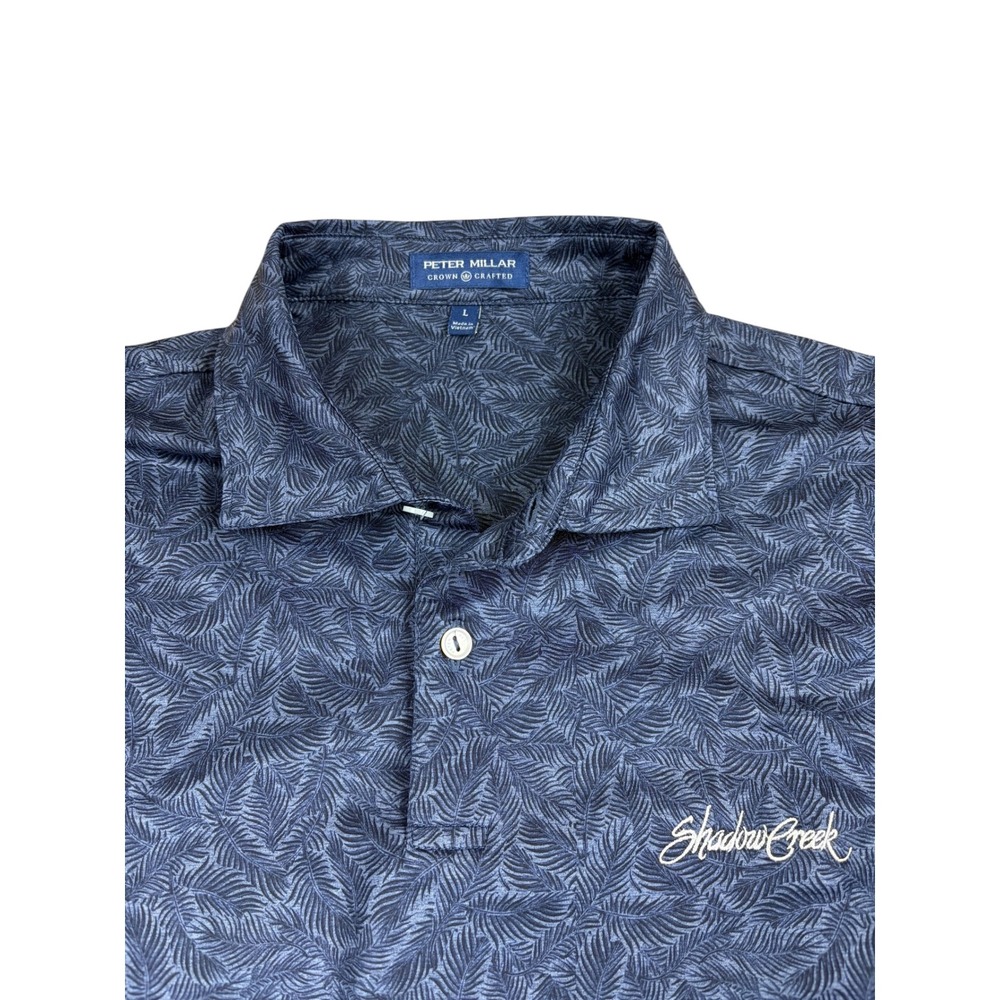 Peter Millar Crown Crafted Mens L Polo Shirt Blue Palm Leaf Shadow Creek Golf